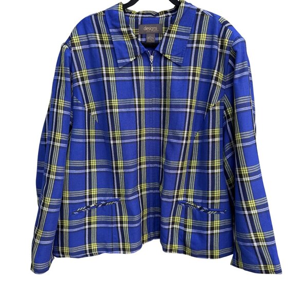 Lane Bryant Designs Womens Plaid Blue Yellow Linen Blend Zip Front Jacket 28 - Picture 1 of 9
